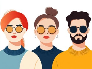 Fototapeta premium Stylish group of four adults with distinct hairstyles and bold eyewear, symbolizing individuality, modern fashion, and unique personalities in a vibrant vector illustration