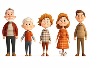 Multigenerational family of six, including grandparents and children, exuding warmth, love, and tradition in a vibrant and sentimental vector illustration
