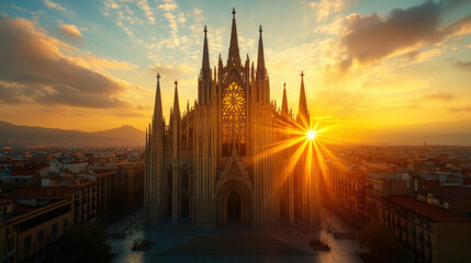 Fototapeta premium Gothic architecture, A stunning high-fidelity image of a Gothic cathedral at sunrise, showcasing intricate architectural details and vibrant colors.