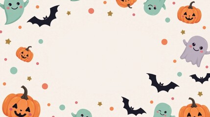 A Delightful Halloween Border Featuring Friendly Ghosts, Bats, and Jack-o'-Lanterns, Perfect for Festive Designs and Celebrations