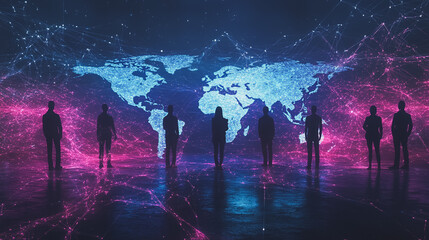 Obraz premium abstract professional business team people innovation connection of line from nail node to node on map background , networking concept