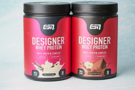 Mainz, Germany - January 18, 2025: Two protein containers showcase chocolate and vanilla flavors by company ESN