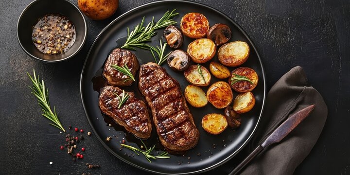 Juicy grilled ribeye steak, seared mushrooms, roasted lemon slices, rosemary sprigs, cast iron skillet, rustic wooden table, moody lighting, food photography, high contrast, mouthwatering, gourmet cui