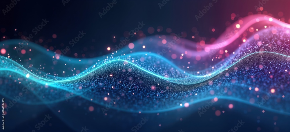 Poster abstract futuristic design. glowing lines, dots create dynamic waves. vibrant colors like turquoise,