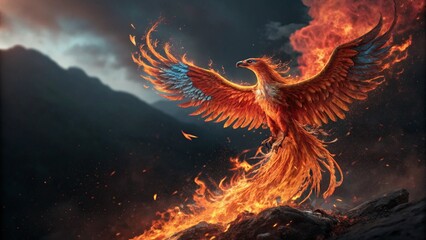 mythical phoenix bird engulfed in vibrant fire with dramatic dark background
