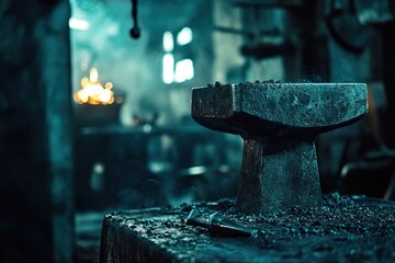 Hammer striking an anvil in a glowing blacksmith workshop. AI generated image