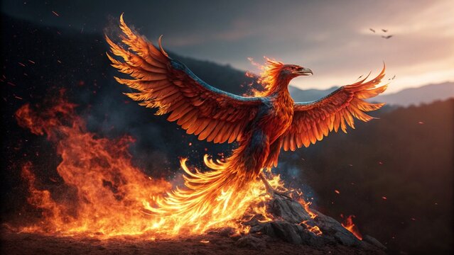 majestic phoenix rising from flames with glowing fiery wings and power