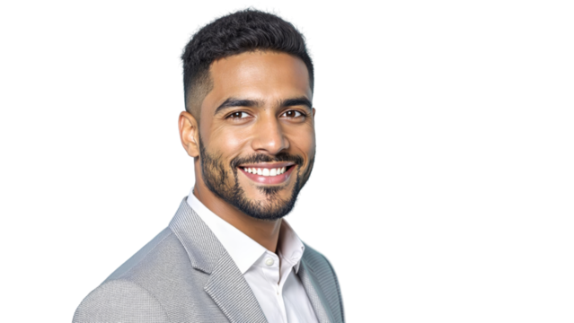 Smiling Young Businessman in a Light Gray Suit and White Shirt Against a Blue Background