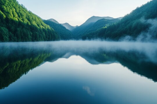 A serene lake at sunrise with soft golden light reflecting on still water. Generative AI