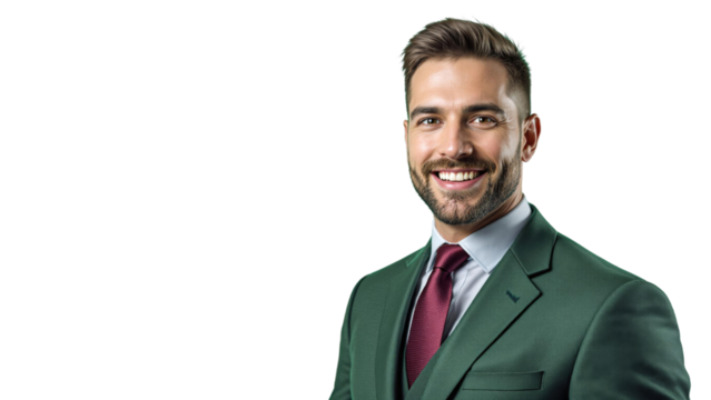 Smiling Young Businessman in a Green Suit and Red Tie Against a Light Green Background