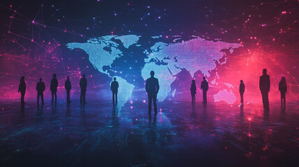 Obraz premium abstract professional business team people innovation connection of line from nail node to node on map background , networking concept