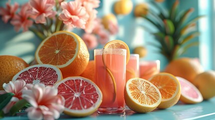 Glasses filled with fresh juice placed near some oranges and grapefruits in flowery environment