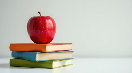 A vibrant red apple rests atop a stack of colorful books, symbolizing education, knowledge, and the pursuit of learning.