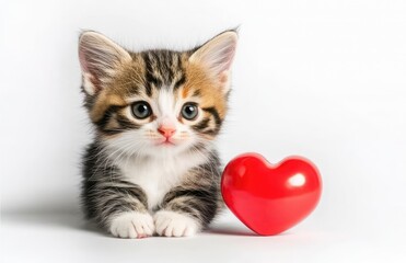 Adorable kitten sitting on a white background beside a glossy red heart, perfect for expressing love and affection. Ideal for Valentine's Day cards, romantic promotions, and cute pet-themed designs