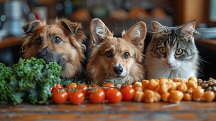 Cats and dogs sitting in front of a wooden table full of tomatoes and green vegetables