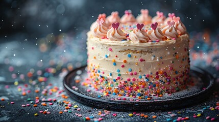 Delicious birthday cake topped with fresh pink cream and sprinkles placed in a pan against blur background