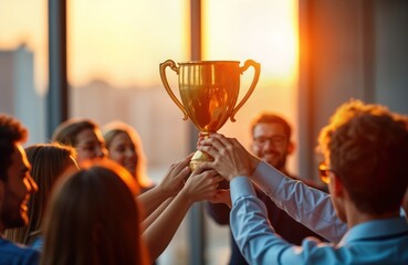 Happy team holds golden trophy. Celebrating big project success in office. Sunset light effect background. Teamwork, achievement concept. Project completion. People happy, proud. Success celebration.