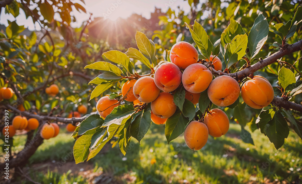 Poster Tree with many oranges hanging from it. The oranges are ripe and ready to be picked. The tree is surrounded by green leaves and grass