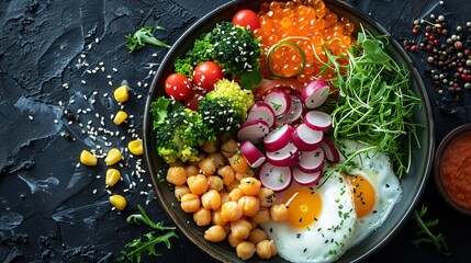 Top view of a pan filled with a variety of different vegetables placed on a dark surface