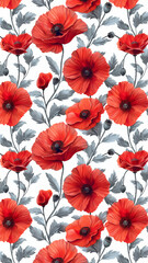 The illustration shows a pattern of red poppy flowers on a white background.