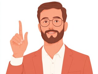 Bearded man in a modern orange blazer pointing upward with a confident and visionary expression, symbolizing forward thinking innovation in bold and contemporary business branding