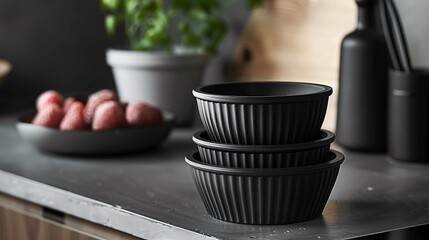 A set of black colored metal bowls placed on a dark tables