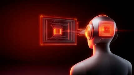 Futuristic AI Robot with Advanced Cybernetic Headgear - A futuristic AI robot with advanced cybernetic headgear, symbolizing artificial intelligence, technological advancement, digital connection, dat