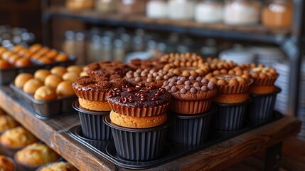 Delicious variety of cupcakes topped with chocolate chips placed in baking tray served on wooden table