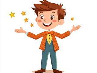 Happy and animated boy wearing a bright orange jacket with scattered golden stars around him, symbolizing energy, creativity, and youthful vibrancy in a colorful artistic style