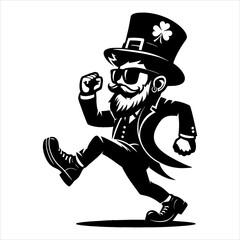 Leprechaun Dance wearing sunglasses, Saint Patrick's Day silhouette style, black and white vector art, minimalist, isolated on white background