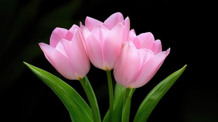 Fototapeta premium Pink tulips bouquet, dark background, spring flowers, floral design, greeting card