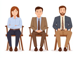 Obraz premium Three seated professionals in business casual attire, sitting confidently on chairs against clean white background, showcasing teamwork, poise, and modern corporate values in an elegant illustration