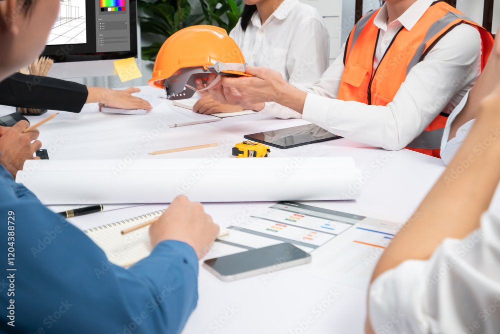Aufkleber diverse group of civil engineer and client working together on architectural project, reviewing cons