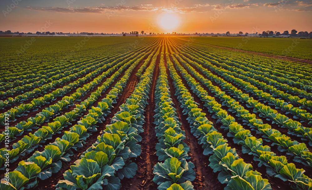 Poster Field of green lettuce plants with the sun setting in the background. The sun is setting behind the field, creating a warm and peaceful atmosphere