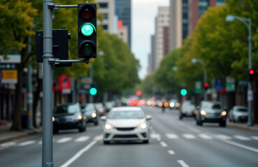 Green traffic light illuminates crosswalk on Melbourne street. Cars move smoothly on urban road. Cityscape with buildings, trees in background. Transportation, urban life concept. Busy traffic flow.