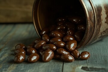 Chocolate-Covered Almonds Spilling from Vintage Tin with Dramatic Shadows