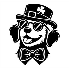 Funny happy dog wearing a hat, bow tie, and glasses illustration for St. Patrick's Day, silhouette style, black and white vector art, minimalist, isolated on white background