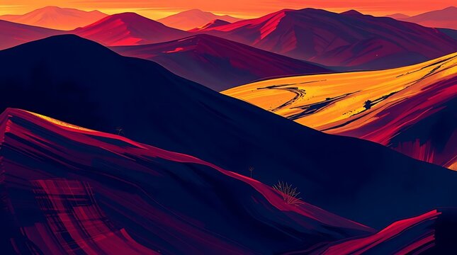 A high-resolution digital illustration of an abstract landscape with bold strokes of crimson, gold, and deep indigo, conveying a sense of movement and energy.