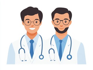 Illustrated duo of cheerful male doctors in white coats with stethoscopes, emphasizing teamwork, healthcare collaboration, and trust in medical professionals for educational and branding visuals