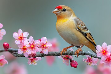 Obraz premium Beautiful goldfinch bird on a flowering tree branch