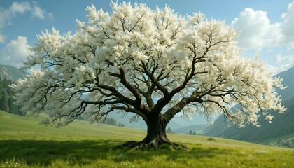 Naklejka premium Magnificent sprawling blooming tree in spring sunlight on a green meadow in the mountains 