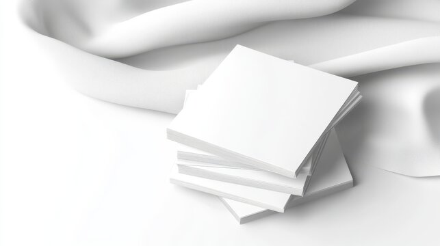 Stack of Blank White Books - A stack of blank white square books rests on a white fabric background. Clean and simple image, ideal for mockups.