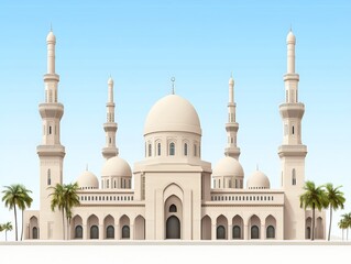 Fototapeta premium White grand mosque with symmetrical minarets and domes against a vivid blue sky, representing architectural perfection and spiritual magnificence in a breathtaking high quality vector