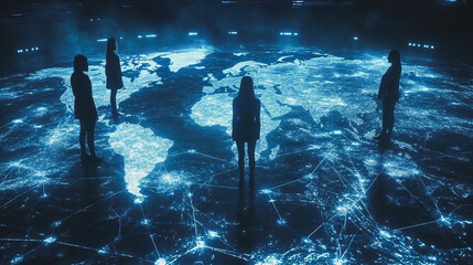abstract professional business team people innovation connection of line from nail node to node on map background , networking concept