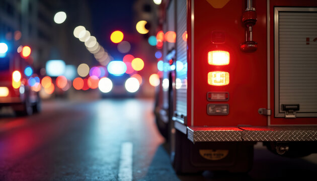 Emergency vehicles arrive at accident scene at night in city. Fire truck, ambulance on urban street. Emergency response to traffic accident. First responders intervene. Chaos, safety concerns