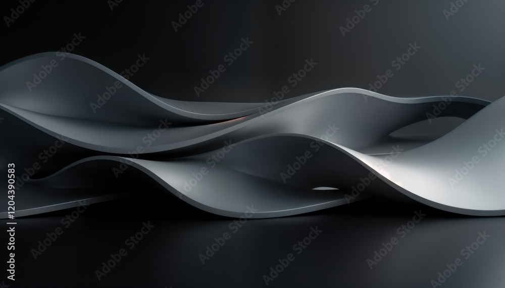Poster abstract design with wavy gray, silver metallic forms. dark background creates dramatic contrast. mo