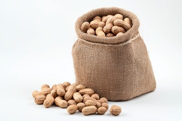 A rustic burlap sack filled with peanuts isolated on a white background