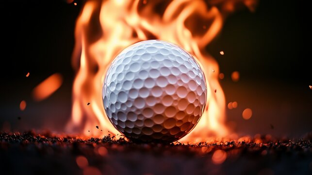 Golf ball catching fire as it hits the perfect swing, symbolizing power and precision in golf