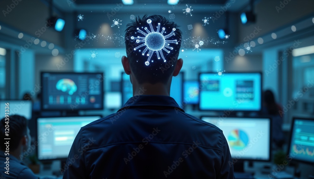 Aufkleber Person in tech office monitors data. Person views brain interface data on screen. Medical tech visualizes brain activity with neural interface. Futuristic medical imaging. Advanced healthcare