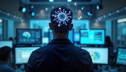 Person in tech office monitors data. Person views brain interface data on screen. Medical tech visualizes brain activity with neural interface. Futuristic medical imaging. Advanced healthcare